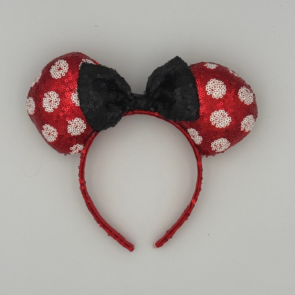Disney Parks Minnie Mouse Ears Red White Polka Dot Sequin Black Bow